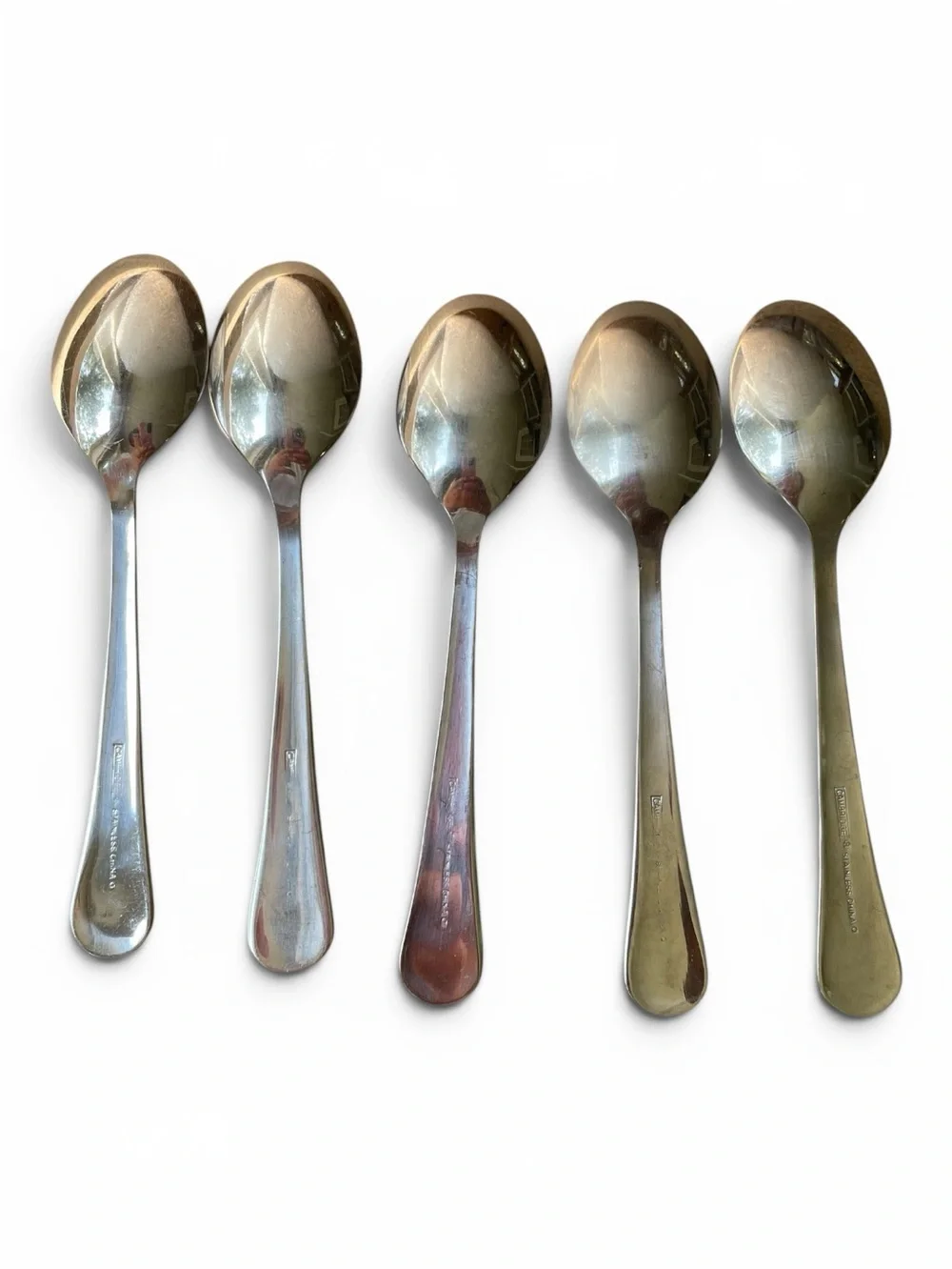 Cambridge stainless, 5 spoons, Felicity pattern, frosted and shiny